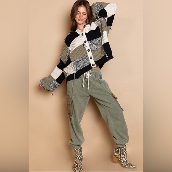 New POL Chenille Hooded Color Block Button Down Cardigan Sweater Size Large - Picture 2 of 6